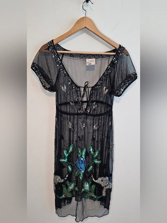 Free People Dresses & Skirts - Free People Sequined Elephant Sheer Mini Dress Y2k Size 6 Festival Style